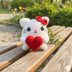 Crochet Love Kitty Plush – Handmade White Cat with Red Heart