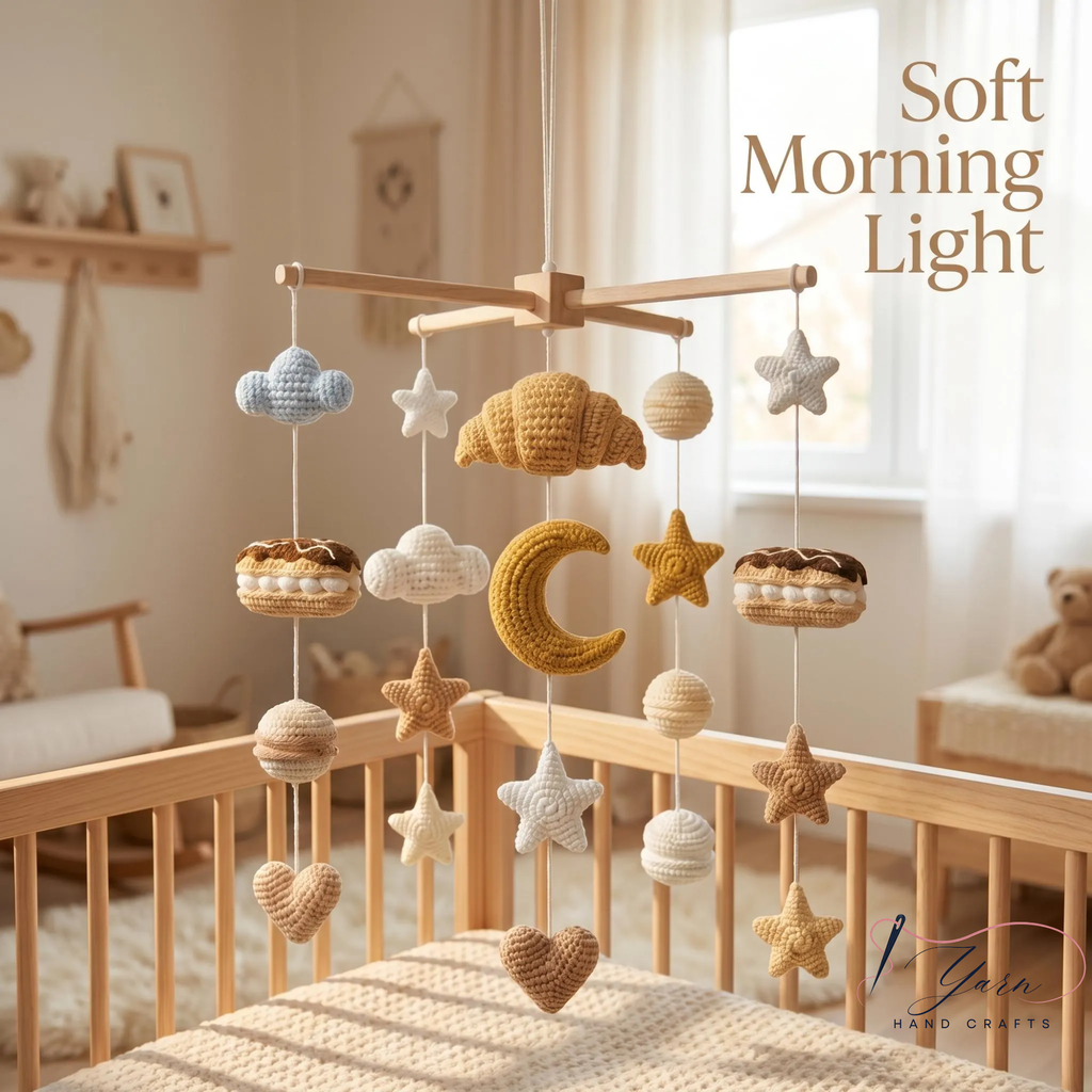 Dessert Baby Mobile, Crochet Croissant Donut Cupcake Crib Mobile, Handmade Bakery Nursery Decor, Sweet Treats Baby Shower Gift