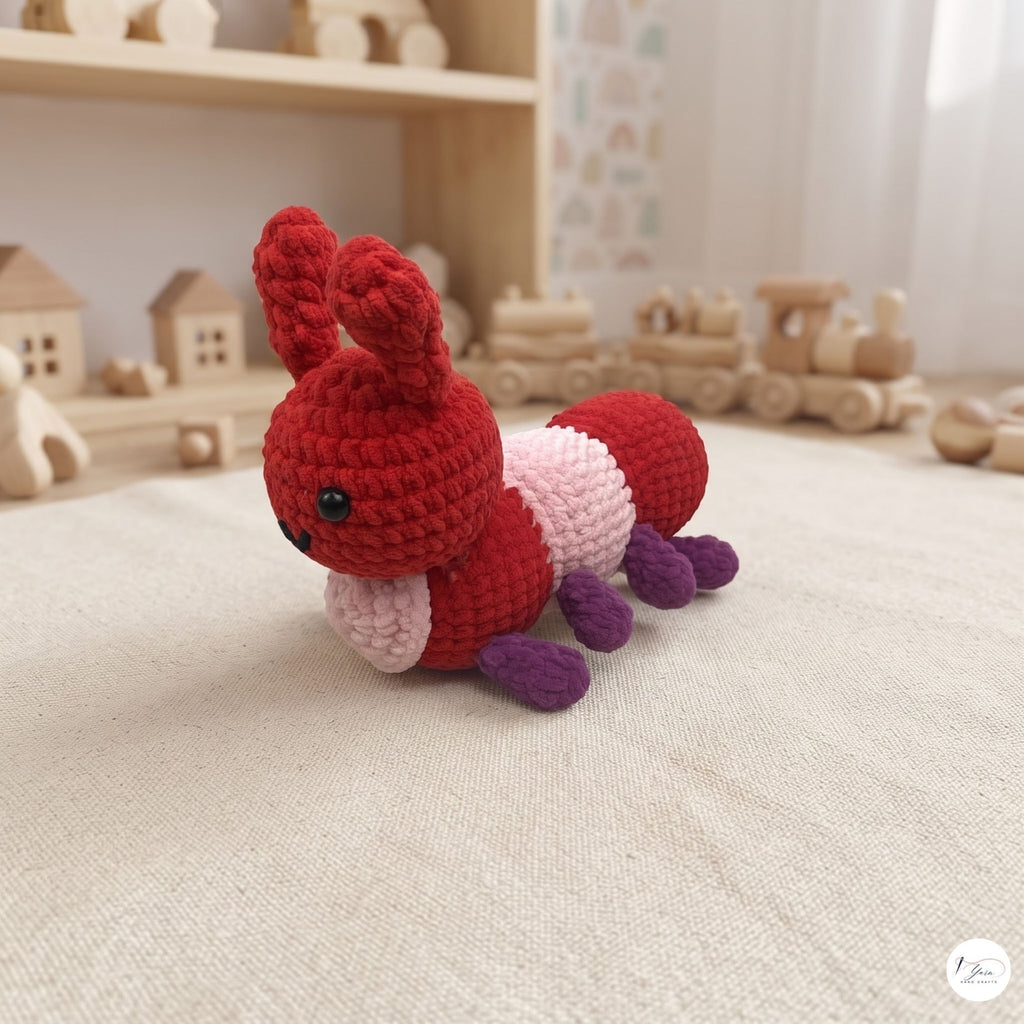 Crochet Caterpillar Plush, Handmade Red Amigurumi Bug, Soft Chenille Stuffed Insect Toy, Caterpillar Lover Gift, Nursery Decor