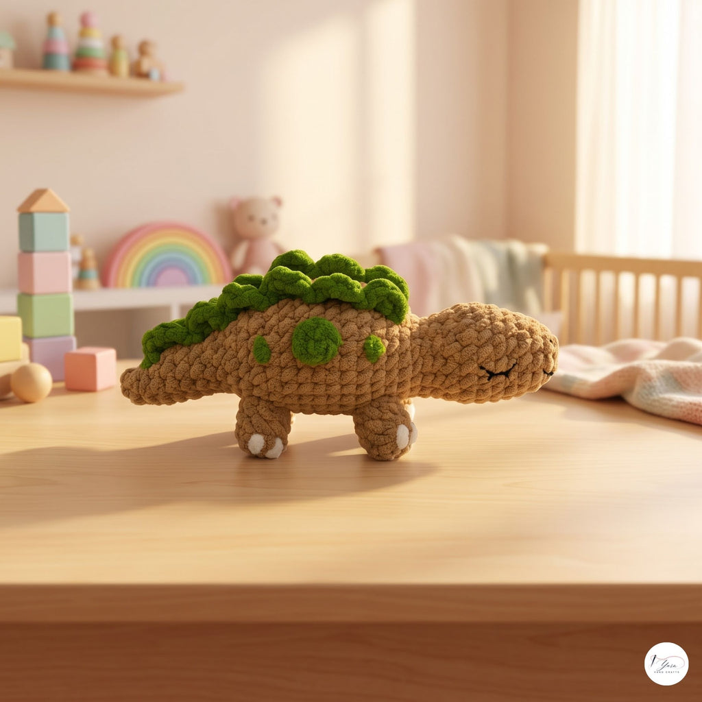 Handmade Crochet Stegosaurus Plush, Brown Green Amigurumi Dinosaur, Soft Dino Stuffed Animal, Dinosaur Lover Gift, Nursery Decor