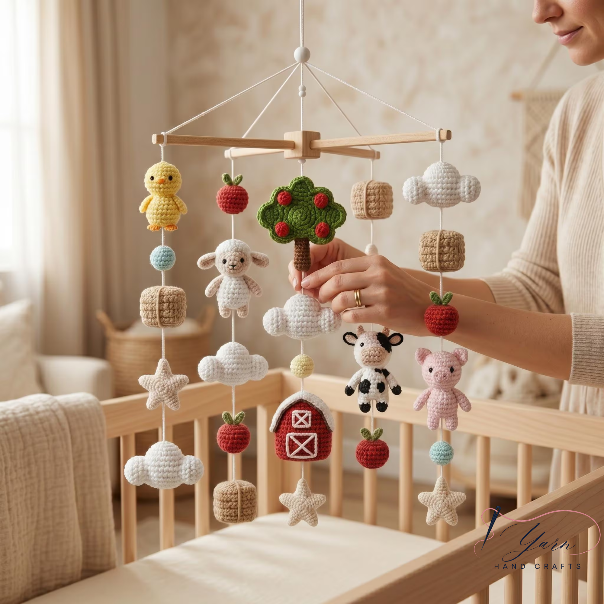 Handmade Farm Baby Mobile, Crochet Cow Pig Sheep Chicken Crib Mobile, Barnyard Nursery Decor, Farm Animal Baby Shower Gift, Farmhouse Nursery Mobile