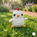 A crocheted plush chick toy sitting on green grass in a sunny garden. The chick is off-white with a small red comb, orange beak and feet, and black bead eyes.