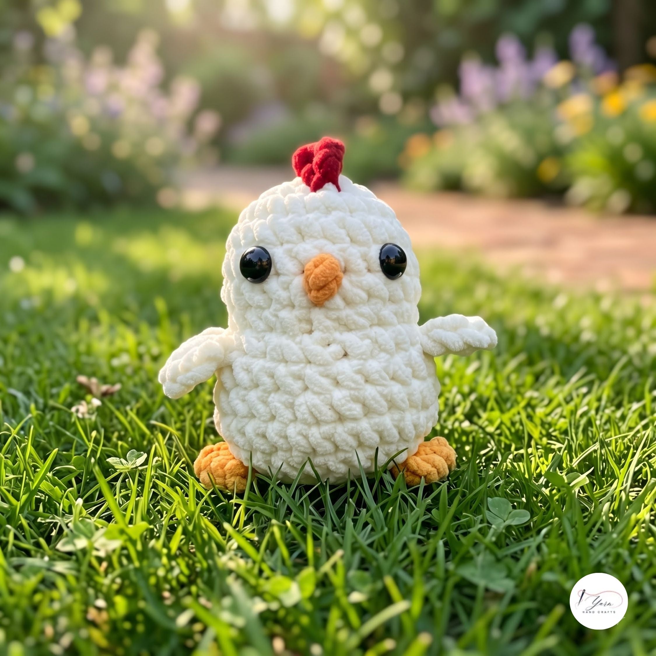 A crocheted plush chick toy sitting on green grass in a sunny garden. The chick is off-white with a small red comb, orange beak and feet, and black bead eyes.