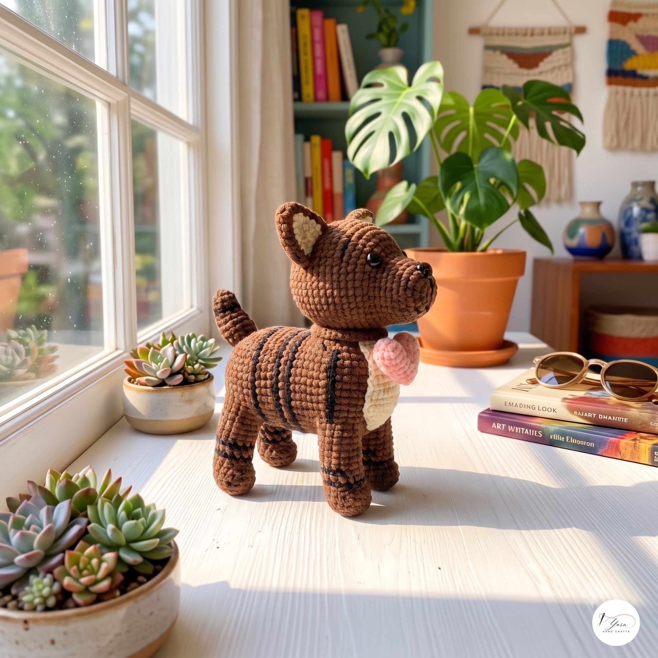 A brown crocheted dog toy stands on a sunlit windowsill in a cozy room with potted plants, books, and sunglasses nearby.