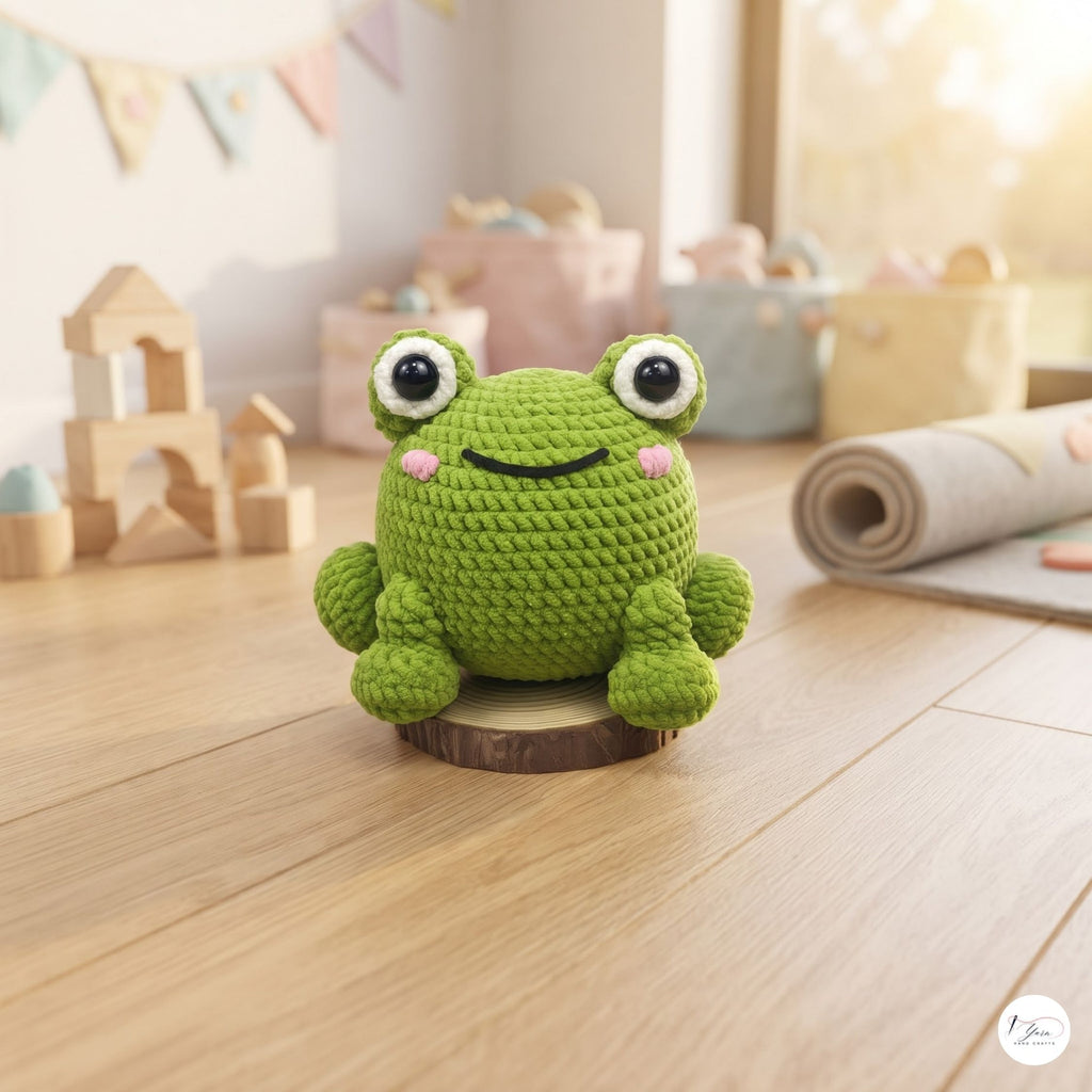 A green crocheted frog toy with large white eyes, pink cheeks, and a black stitched smile, sitting on a small round wooden coaster on a light wood floor. The background shows a softly blurred children's room with toys and storage bins.