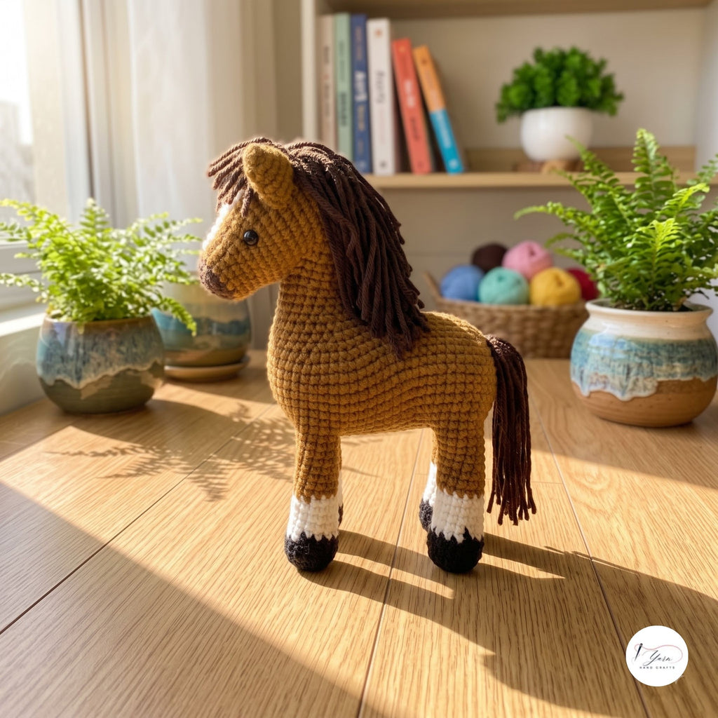 A crocheted toy horse with a brown mane and tail, tan body, and black-and-white hooves, standing on a wooden floor in a sunlit room with potted ferns and books in the background.