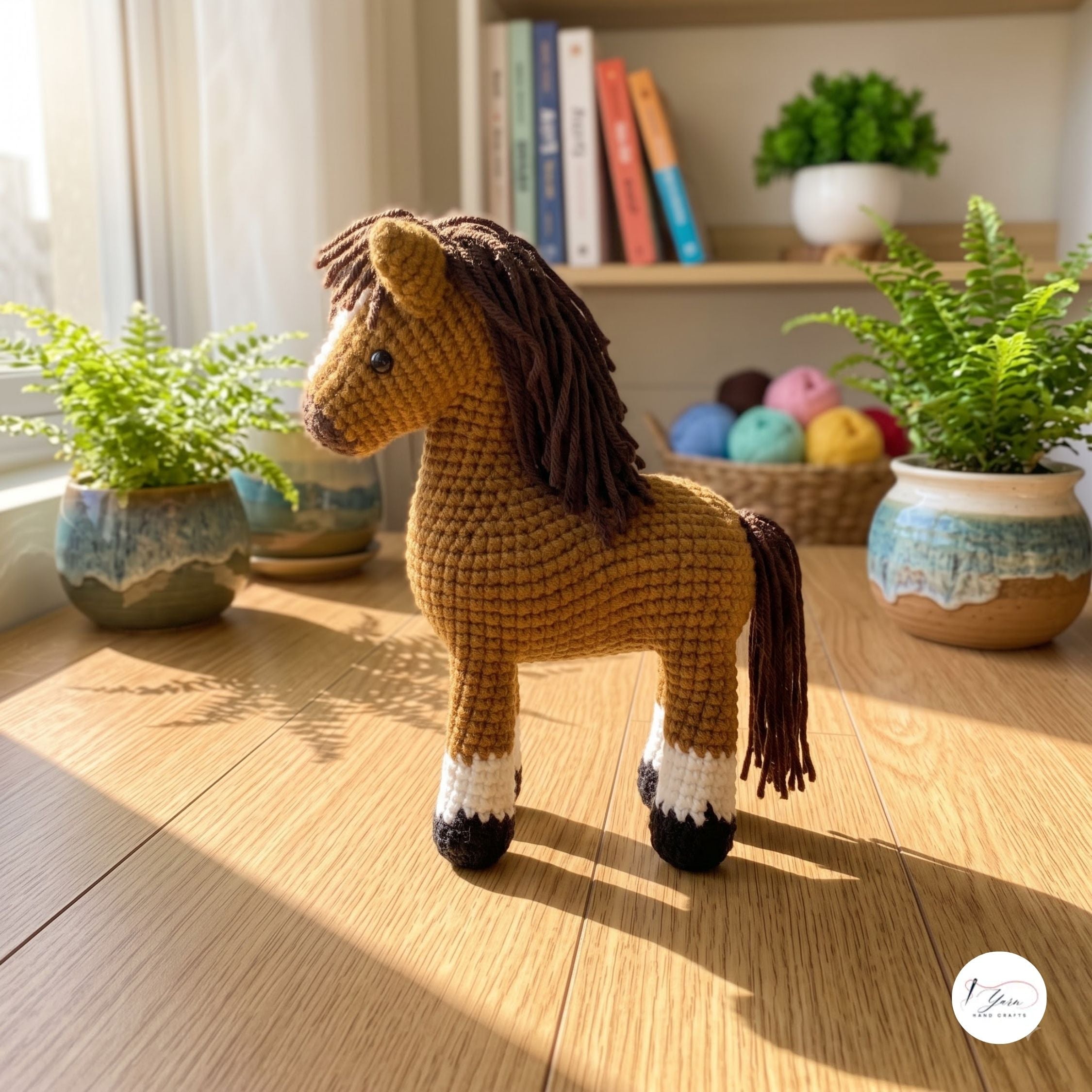 A crocheted toy horse with a brown mane and tail, tan body, and black-and-white hooves, standing on a wooden floor in a sunlit room with potted ferns and books in the background.