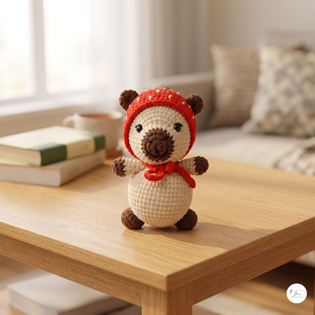 A small crocheted bear toy wearing a red knit hat and red scarf, standing on a light wood table in a softly blurred living room setting.