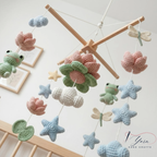 Handmade Frog Lotus Baby Mobile, Crochet Frog Crib Mobile with Dragonfly and Lily Pad, Pond Nursery Decor, Nature Baby Shower Gift