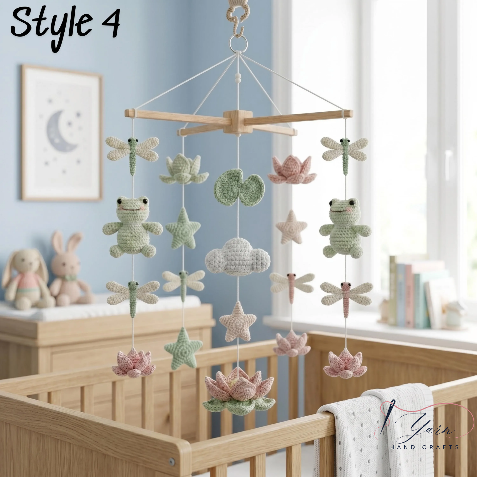 Handmade Frog Lotus Baby Mobile, Crochet Frog Crib Mobile with Dragonfly and Lily Pad, Pond Nursery Decor, Nature Baby Shower Gift