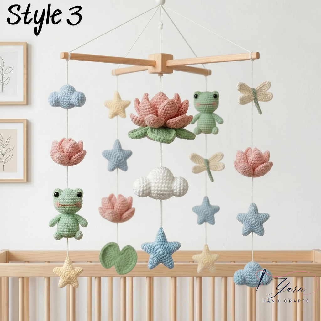 Handmade Frog Lotus Baby Mobile, Crochet Frog Crib Mobile with Dragonfly and Lily Pad, Pond Nursery Decor, Nature Baby Shower Gift