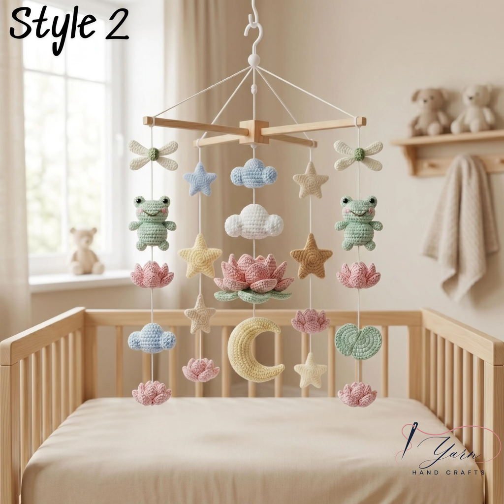 Handmade Frog Lotus Baby Mobile, Crochet Frog Crib Mobile with Dragonfly and Lily Pad, Pond Nursery Decor, Nature Baby Shower Gift