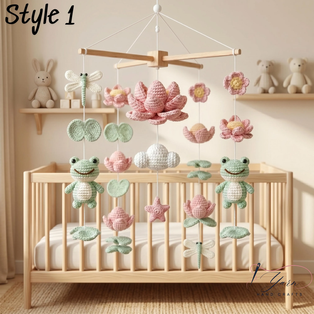 Handmade Frog Lotus Baby Mobile, Crochet Frog Crib Mobile with Dragonfly and Lily Pad, Pond Nursery Decor, Nature Baby Shower Gift