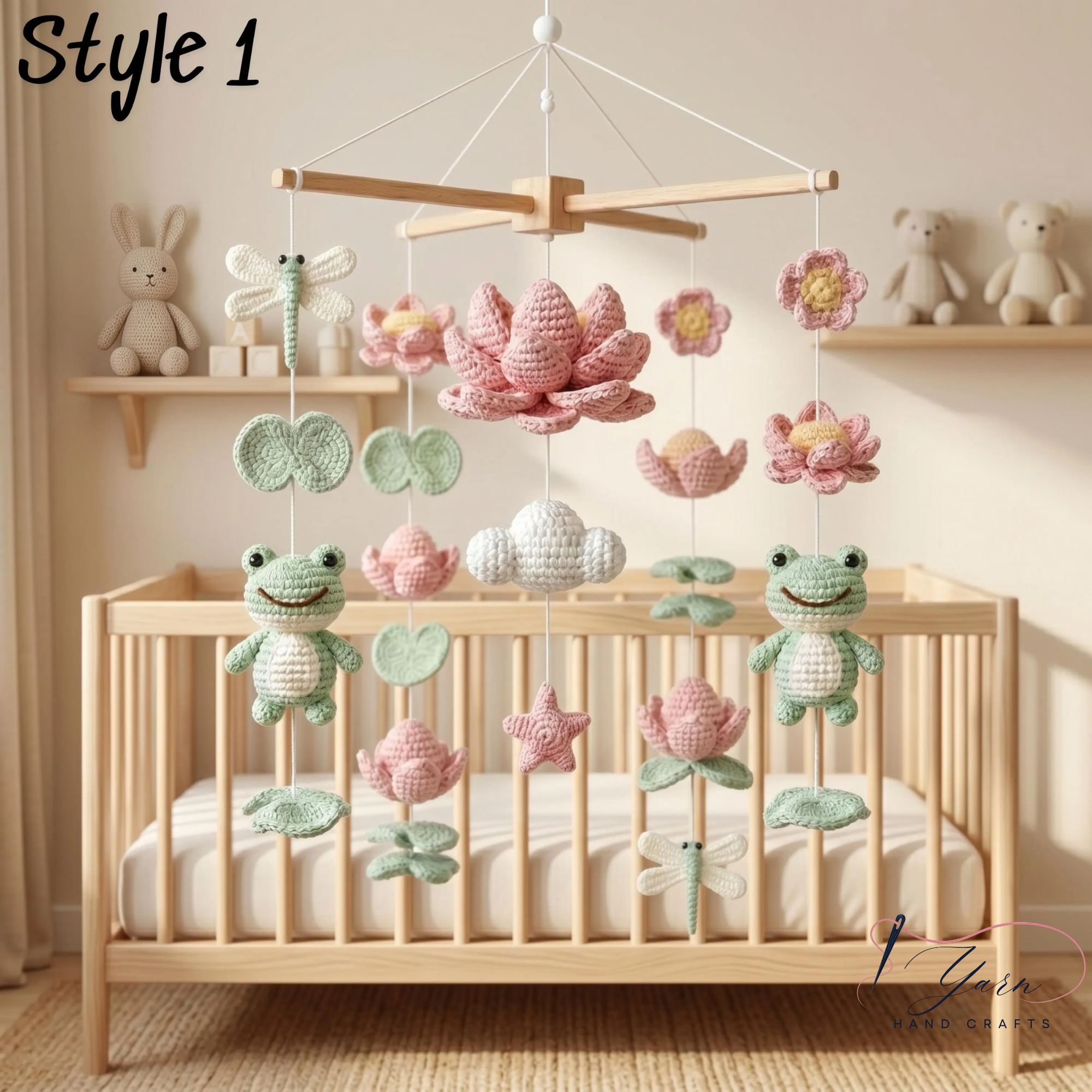 Handmade Frog Lotus Baby Mobile, Crochet Frog Crib Mobile with Dragonfly and Lily Pad, Pond Nursery Decor, Nature Baby Shower Gift