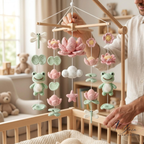 Handmade Frog Lotus Baby Mobile, Crochet Frog Crib Mobile with Dragonfly and Lily Pad, Pond Nursery Decor, Nature Baby Shower Gift