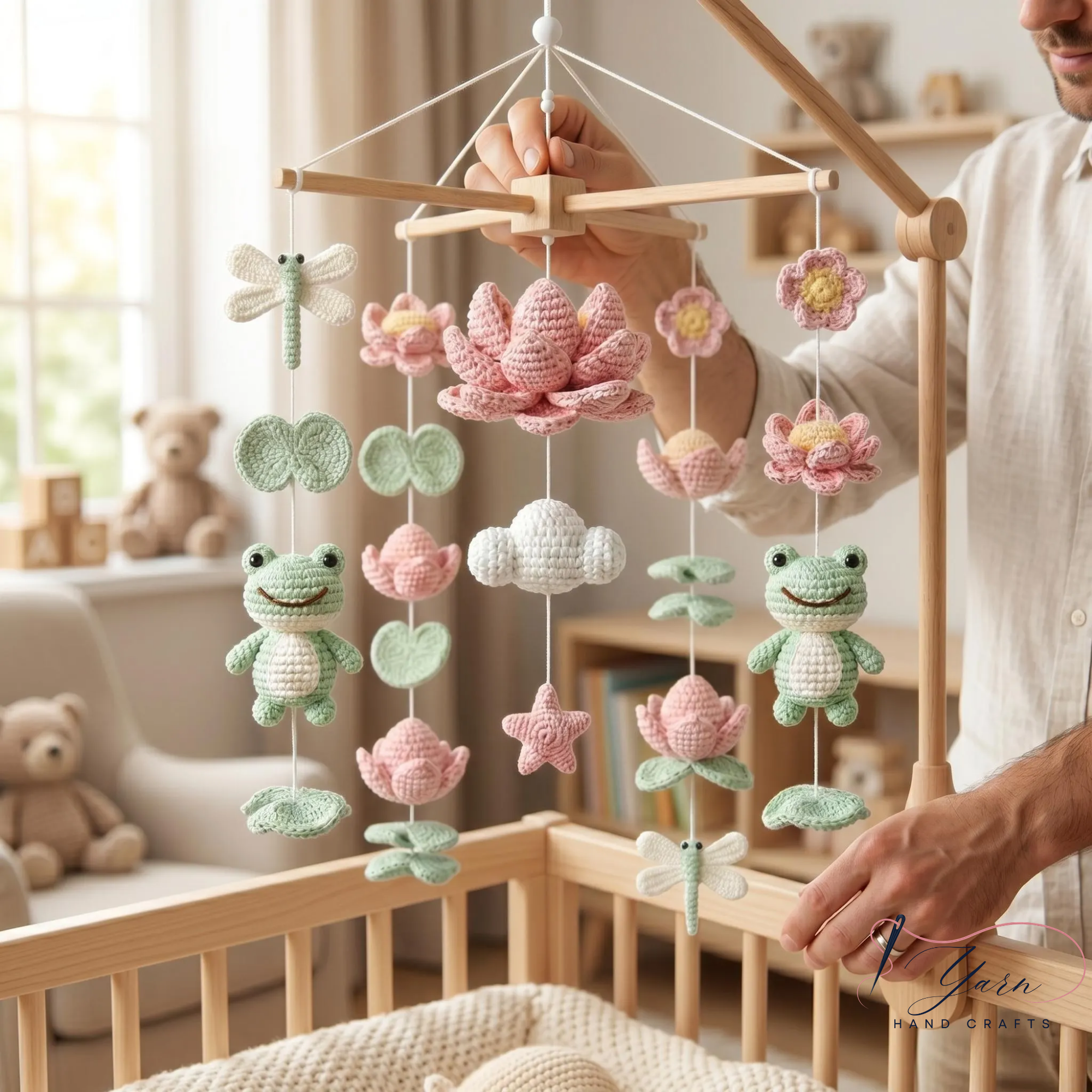 Handmade Frog Lotus Baby Mobile, Crochet Frog Crib Mobile with Dragonfly and Lily Pad, Pond Nursery Decor, Nature Baby Shower Gift