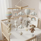 Handmade Hot Air Balloon Baby Mobile, Crochet Rainbow Crib Mobile with Bear Monkey Elephant Bunny, Pastel Nursery Decor, Baby Shower Gift