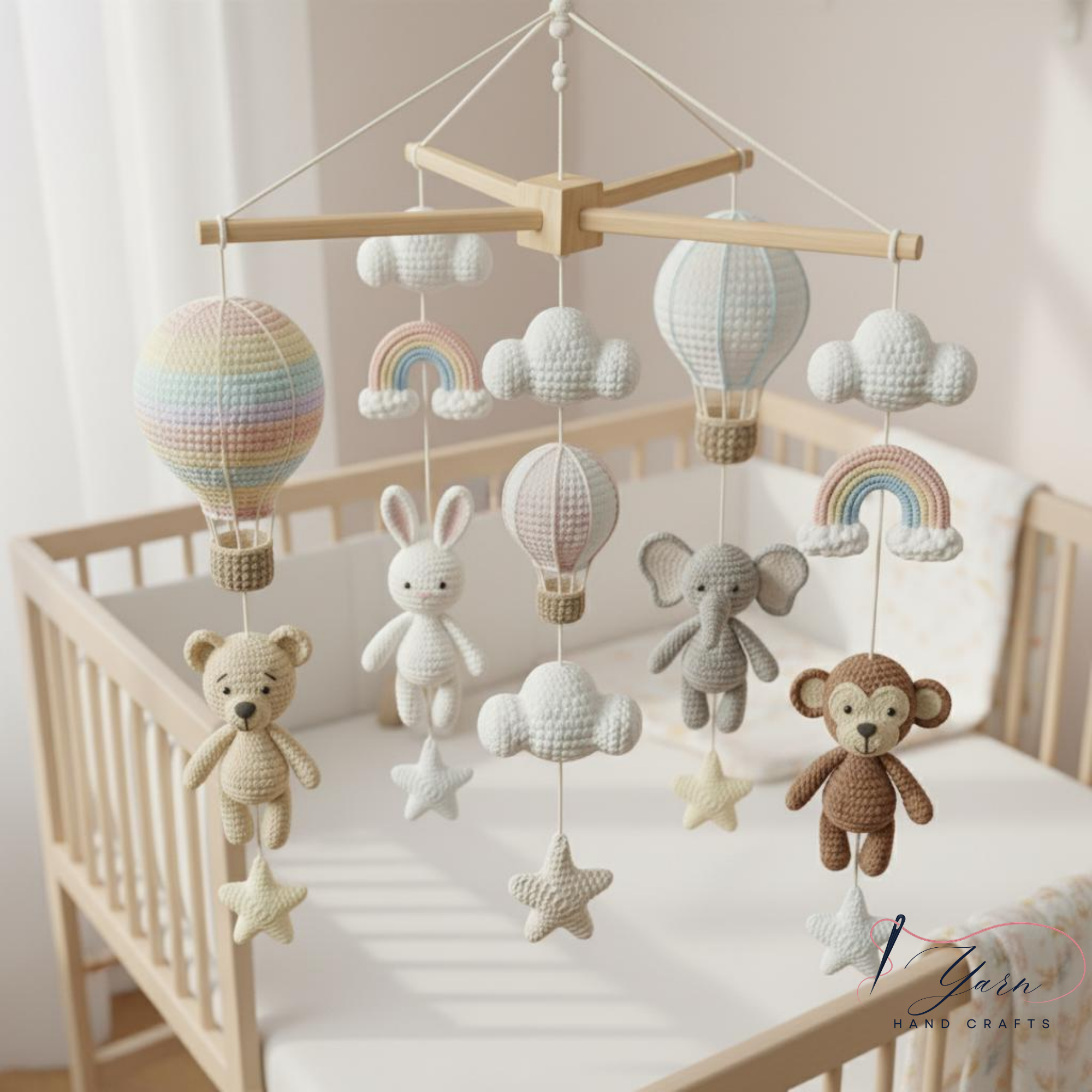 Handmade Hot Air Balloon Baby Mobile, Crochet Rainbow Crib Mobile with Bear Monkey Elephant Bunny, Pastel Nursery Decor, Baby Shower Gift