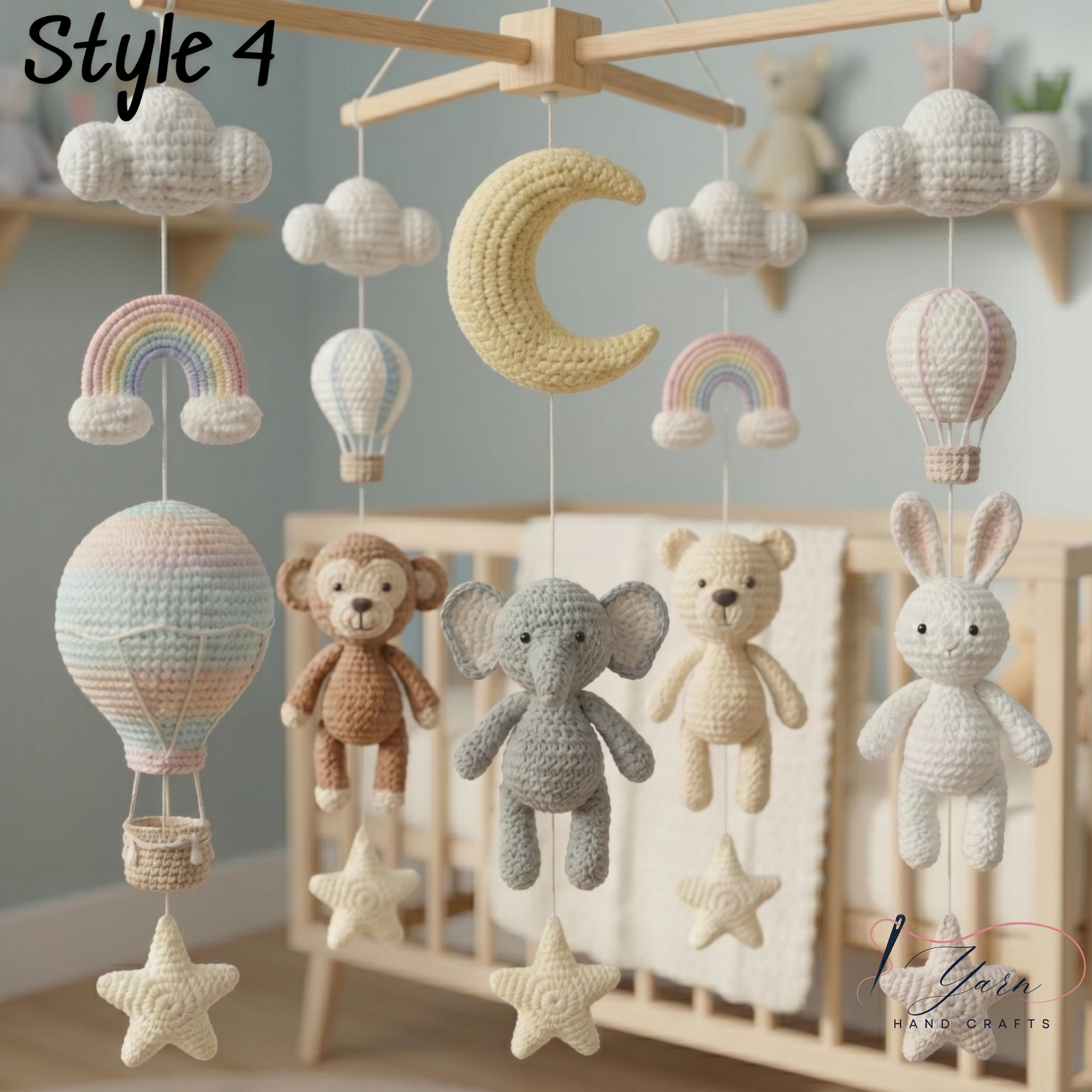 Handmade Hot Air Balloon Baby Mobile, Crochet Rainbow Crib Mobile with Bear Monkey Elephant Bunny, Pastel Nursery Decor, Baby Shower Gift