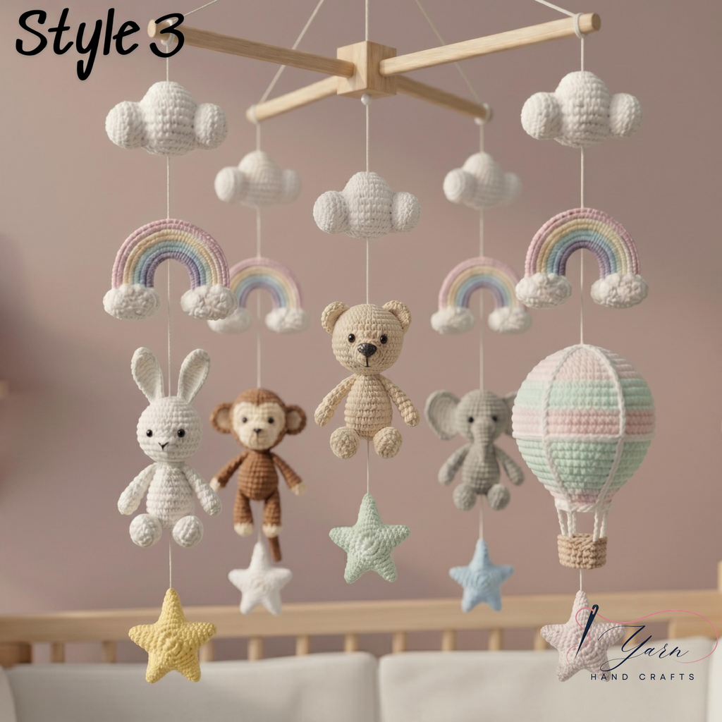 Handmade Hot Air Balloon Baby Mobile, Crochet Rainbow Crib Mobile with Bear Monkey Elephant Bunny, Pastel Nursery Decor, Baby Shower Gift