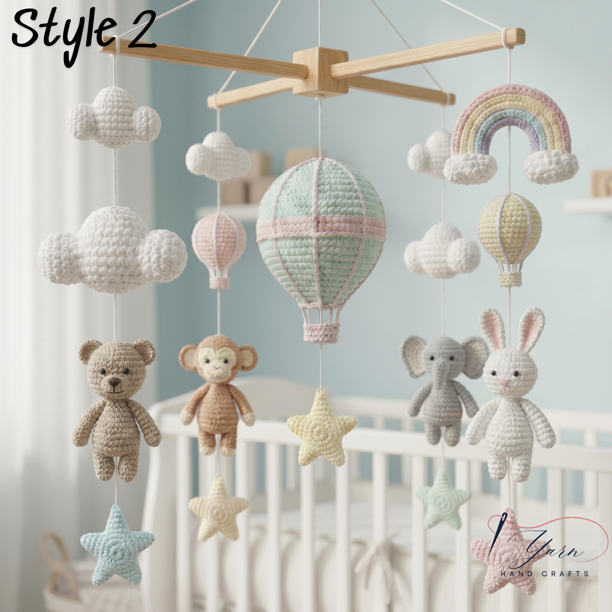 Handmade Hot Air Balloon Baby Mobile, Crochet Rainbow Crib Mobile with Bear Monkey Elephant Bunny, Pastel Nursery Decor, Baby Shower Gift