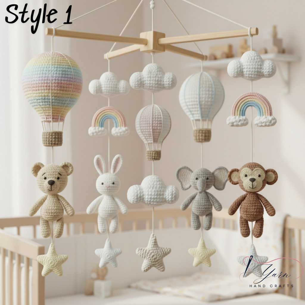 Handmade Hot Air Balloon Baby Mobile, Crochet Rainbow Crib Mobile with Bear Monkey Elephant Bunny, Pastel Nursery Decor, Baby Shower Gift