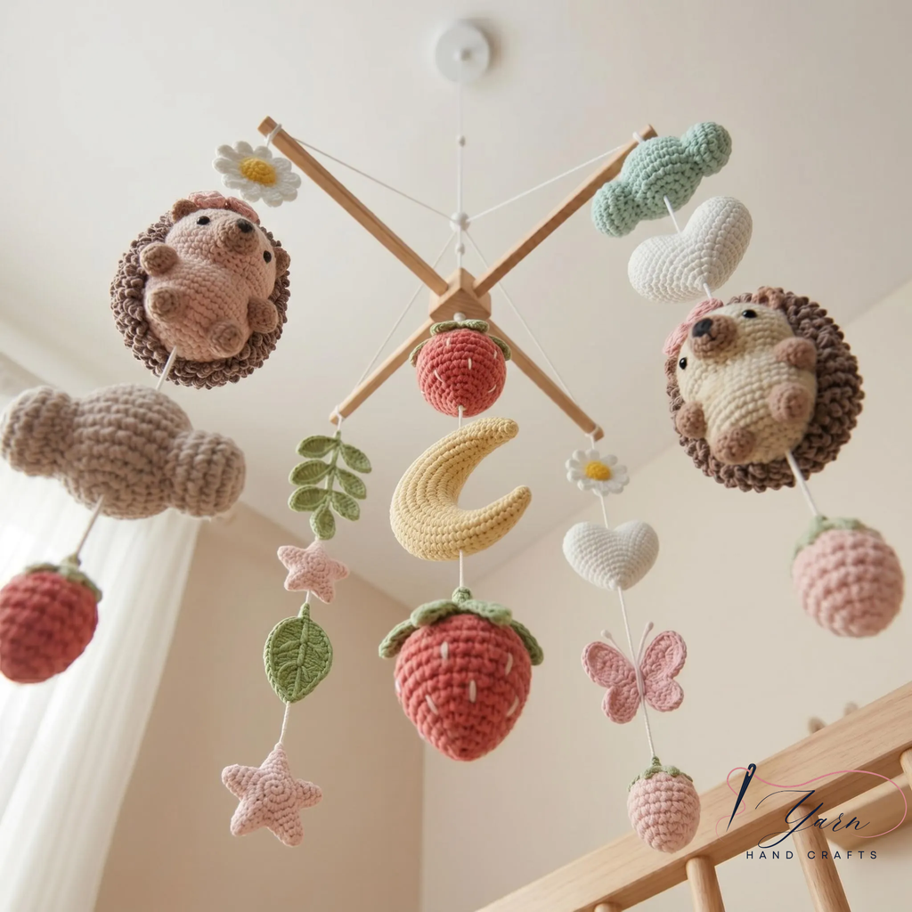 Hedgehog Baby Mobile, Crochet Strawberry Flower Crib Mobile, Woodland Nursery Decor, Boho Baby Shower Gift, Handmade Nursery Mobile