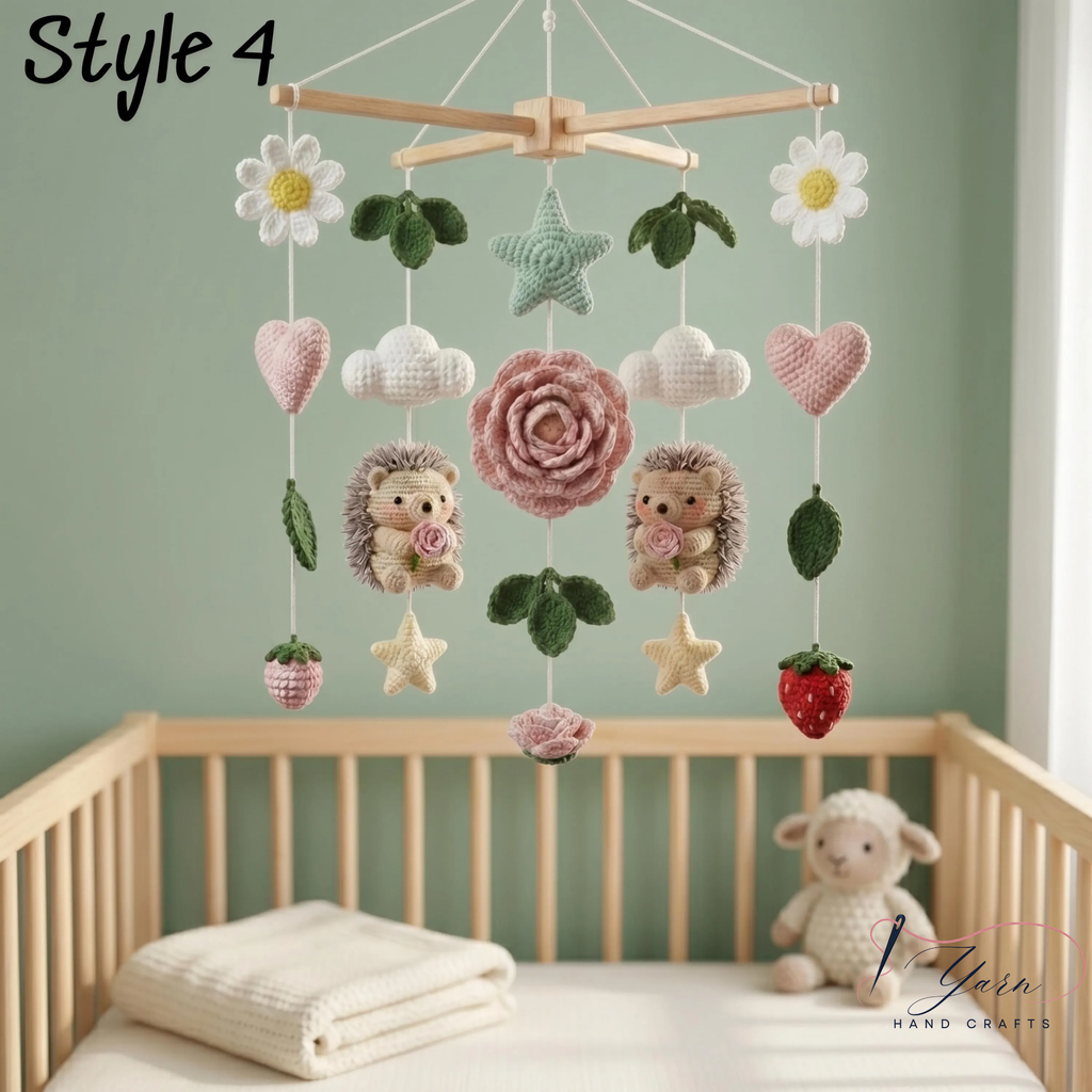 Hedgehog Baby Mobile, Crochet Strawberry Flower Crib Mobile, Woodland Nursery Decor, Boho Baby Shower Gift, Handmade Nursery Mobile