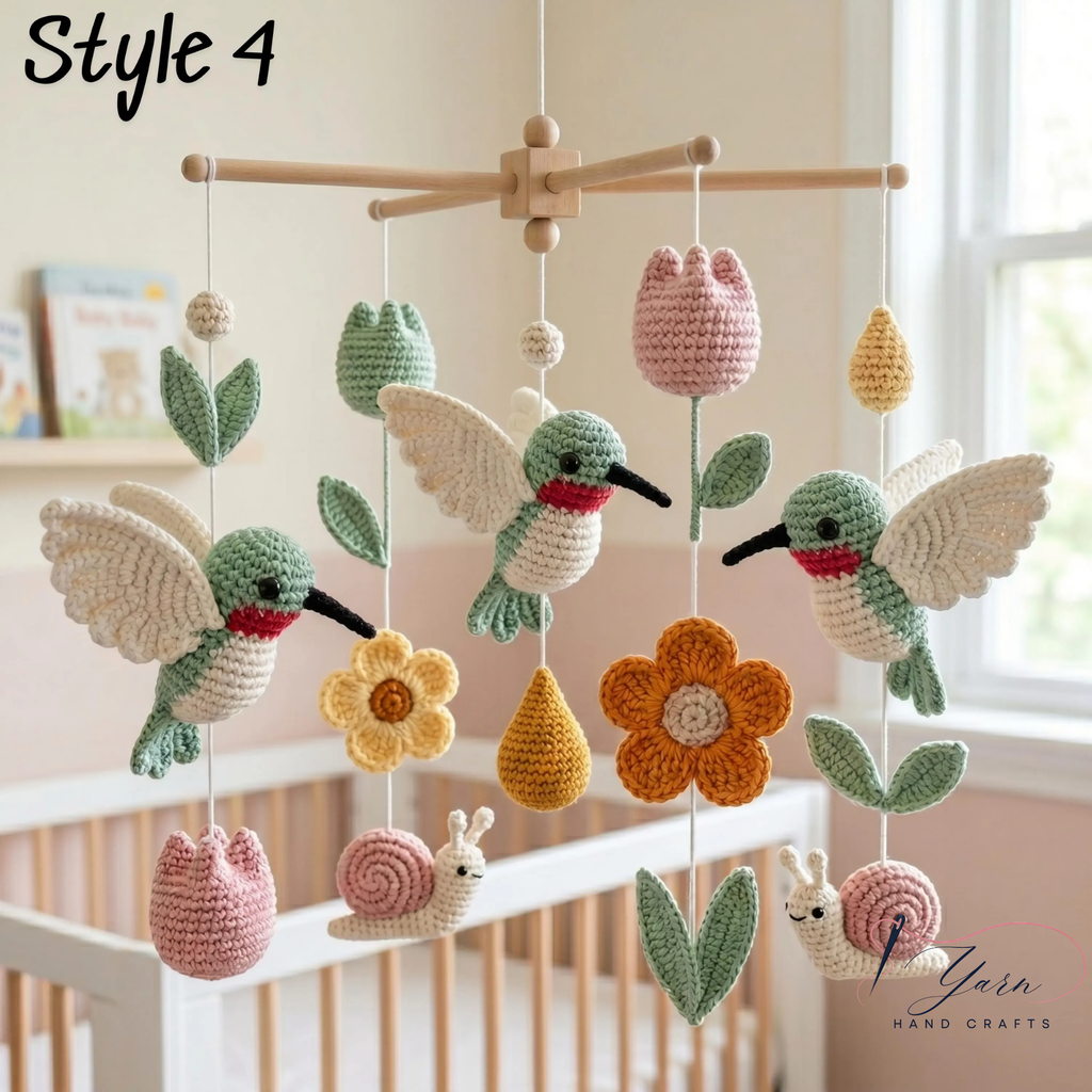 Crochet Hummingbird Baby Mobile, Floral Crib Mobile with Tulips and Snails, Boho Nursery Decor, Handmade Baby Shower Gift