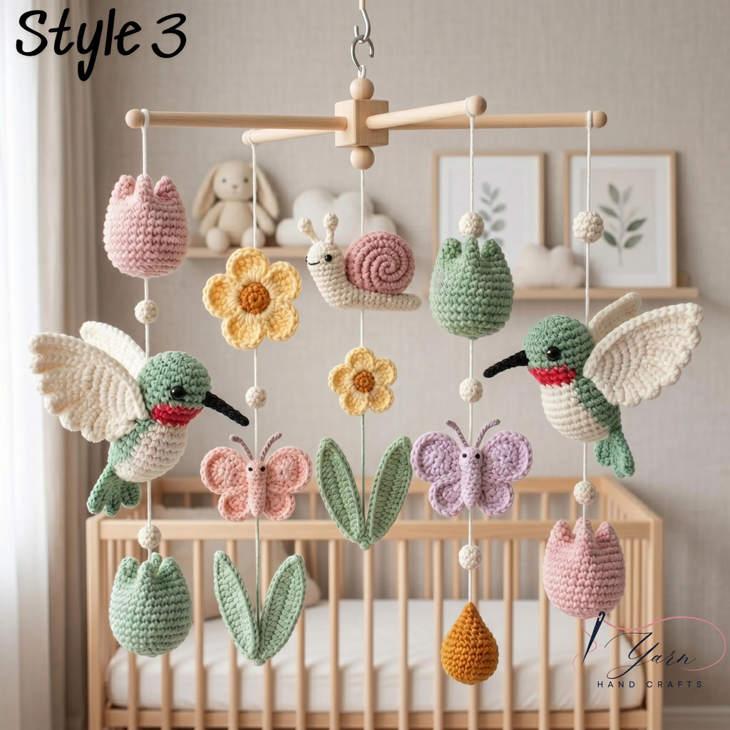 Crochet Hummingbird Baby Mobile, Floral Crib Mobile with Tulips and Snails, Boho Nursery Decor, Handmade Baby Shower Gift