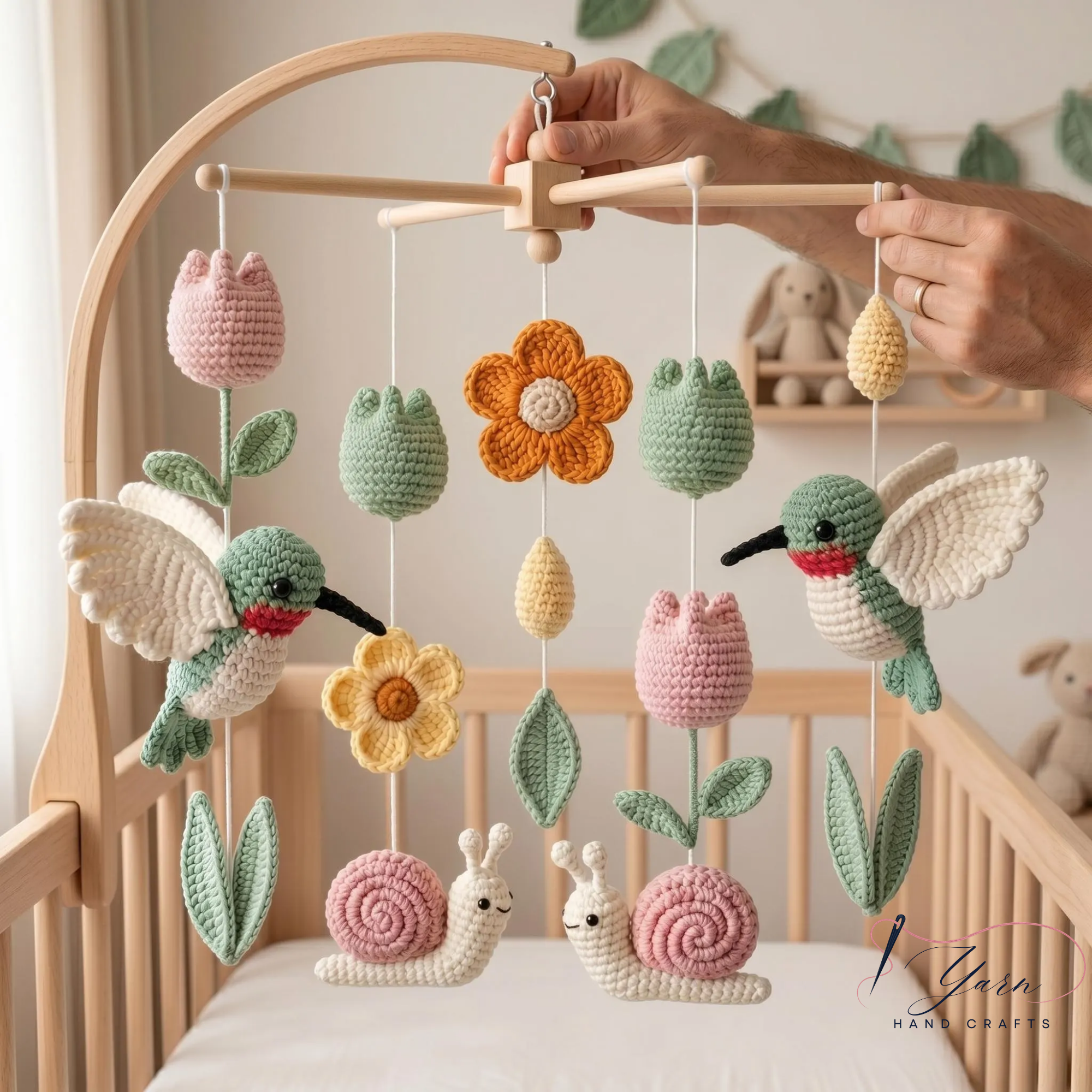 Crochet Hummingbird Baby Mobile, Floral Crib Mobile with Tulips and Snails, Boho Nursery Decor, Handmade Baby Shower Gift