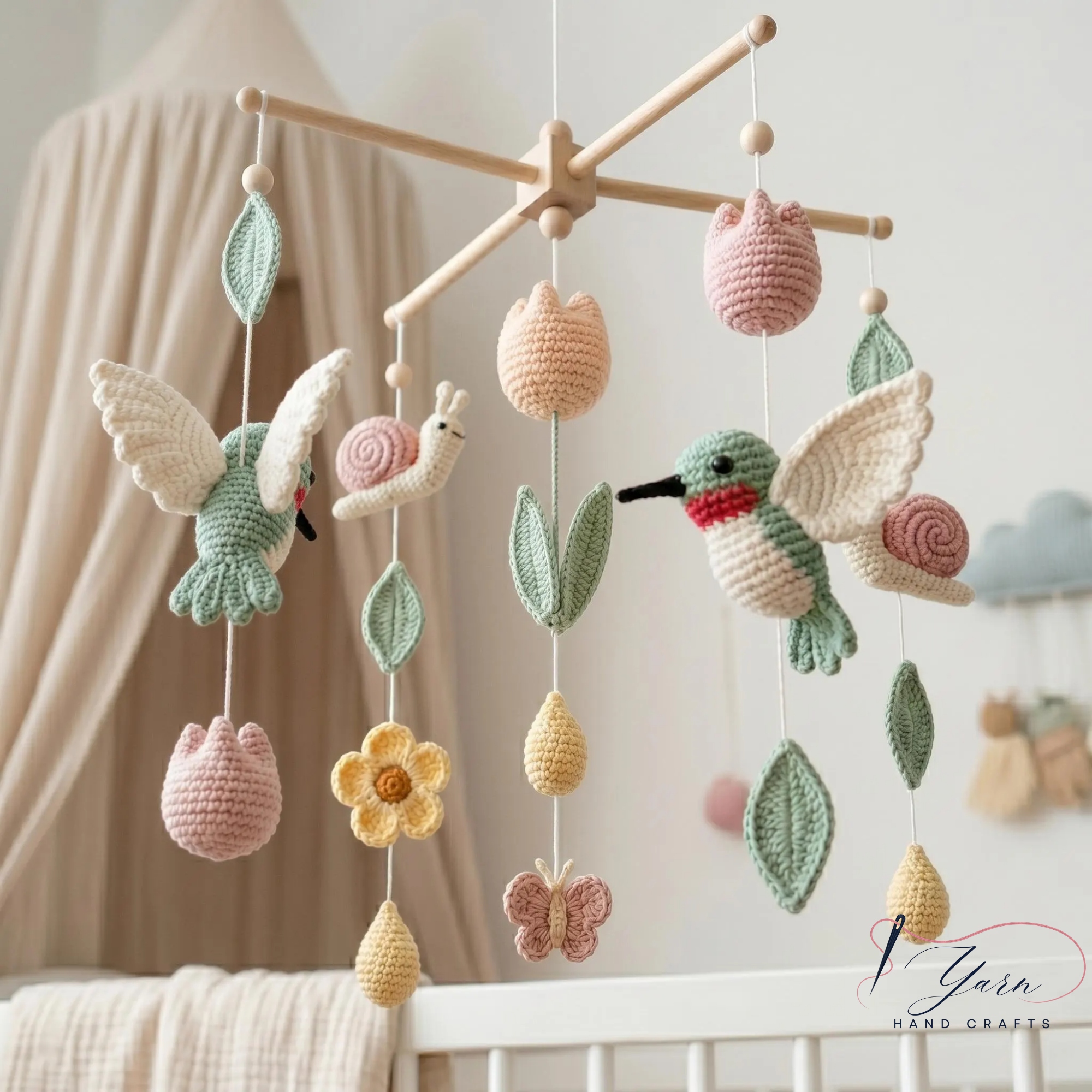 Crochet Hummingbird Baby Mobile, Floral Crib Mobile with Tulips and Snails, Boho Nursery Decor, Handmade Baby Shower Gift
