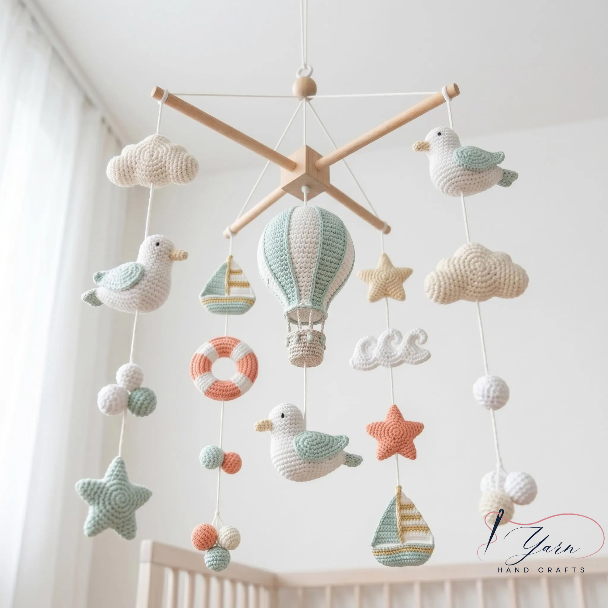 Nautical Baby Mobile, Crochet Seagull Crib Mobile with Sailboats and Hot Air Balloon, Ocean Nursery Decor, Baby Shower Gift