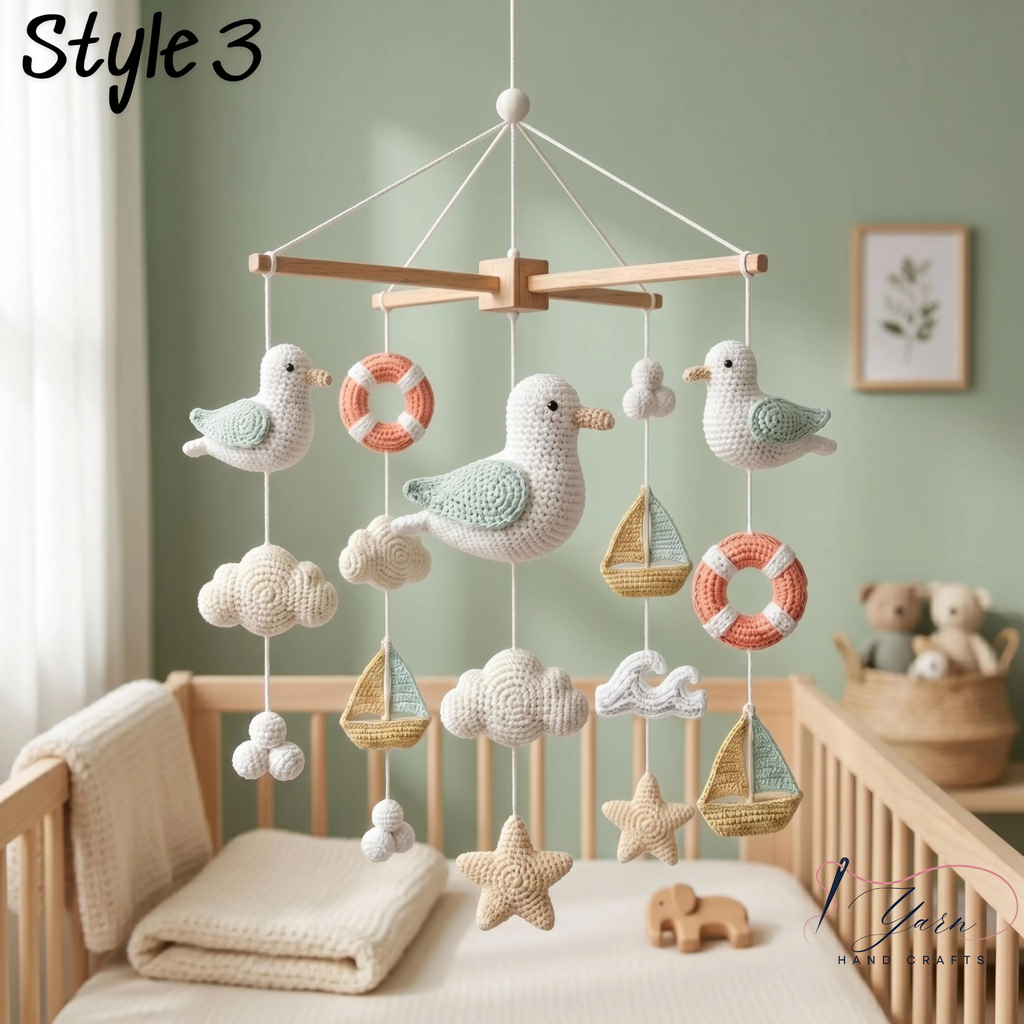 Nautical Baby Mobile, Crochet Seagull Crib Mobile with Sailboats and Hot Air Balloon, Ocean Nursery Decor, Baby Shower Gift