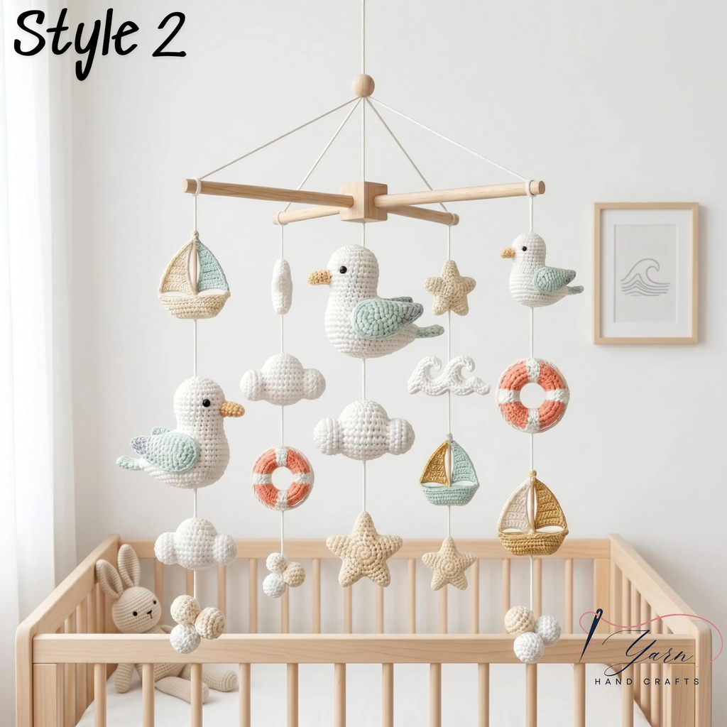 Nautical Baby Mobile, Crochet Seagull Crib Mobile with Sailboats and Hot Air Balloon, Ocean Nursery Decor, Baby Shower Gift