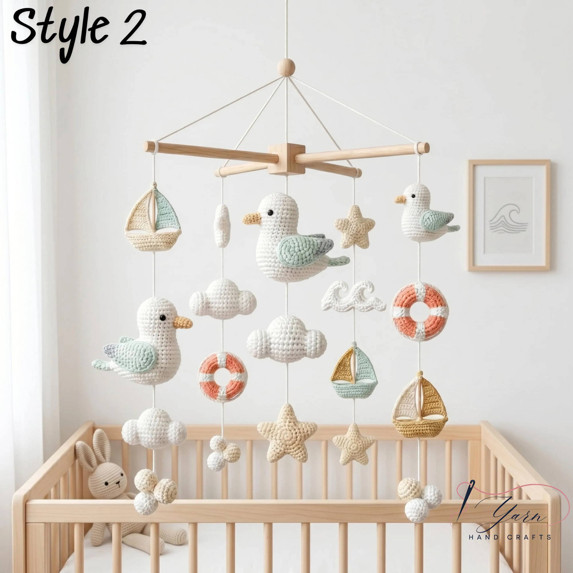 Nautical Baby Mobile, Crochet Seagull Crib Mobile with Sailboats and Hot Air Balloon, Ocean Nursery Decor, Baby Shower Gift