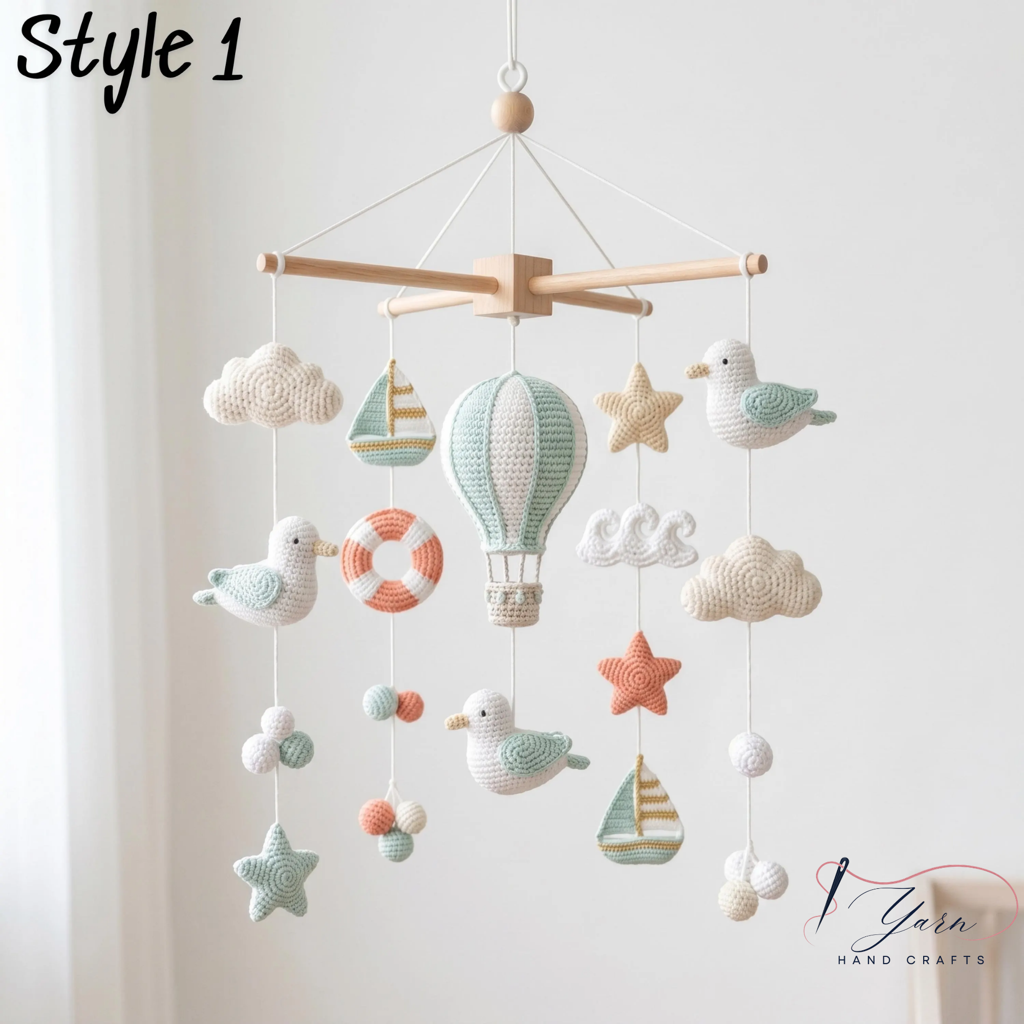 Nautical Baby Mobile, Crochet Seagull Crib Mobile with Sailboats and Hot Air Balloon, Ocean Nursery Decor, Baby Shower Gift