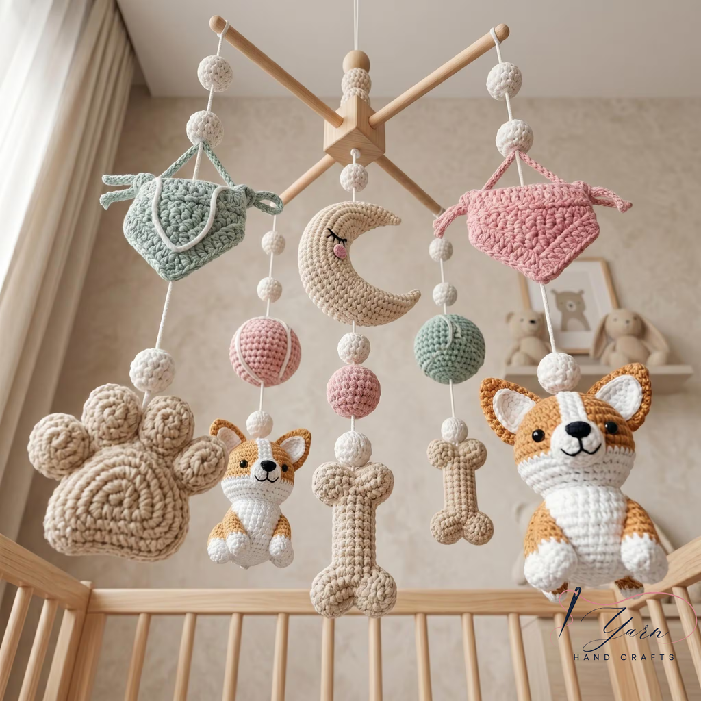Corgi Baby Mobile, Crochet Dog Crib Mobile with Bones, Paw Prints and Moon, Puppy Nursery Decor, Baby Shower Gift