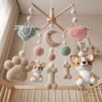 Corgi Baby Mobile, Crochet Dog Crib Mobile with Bones, Paw Prints and Moon, Puppy Nursery Decor, Baby Shower Gift