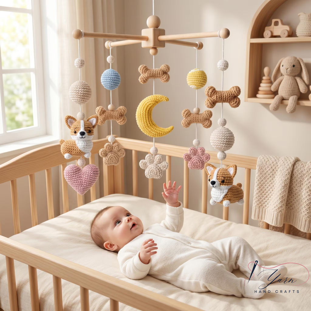 Corgi Baby Mobile, Crochet Dog Crib Mobile with Bones, Paw Prints and Moon, Puppy Nursery Decor, Baby Shower Gift