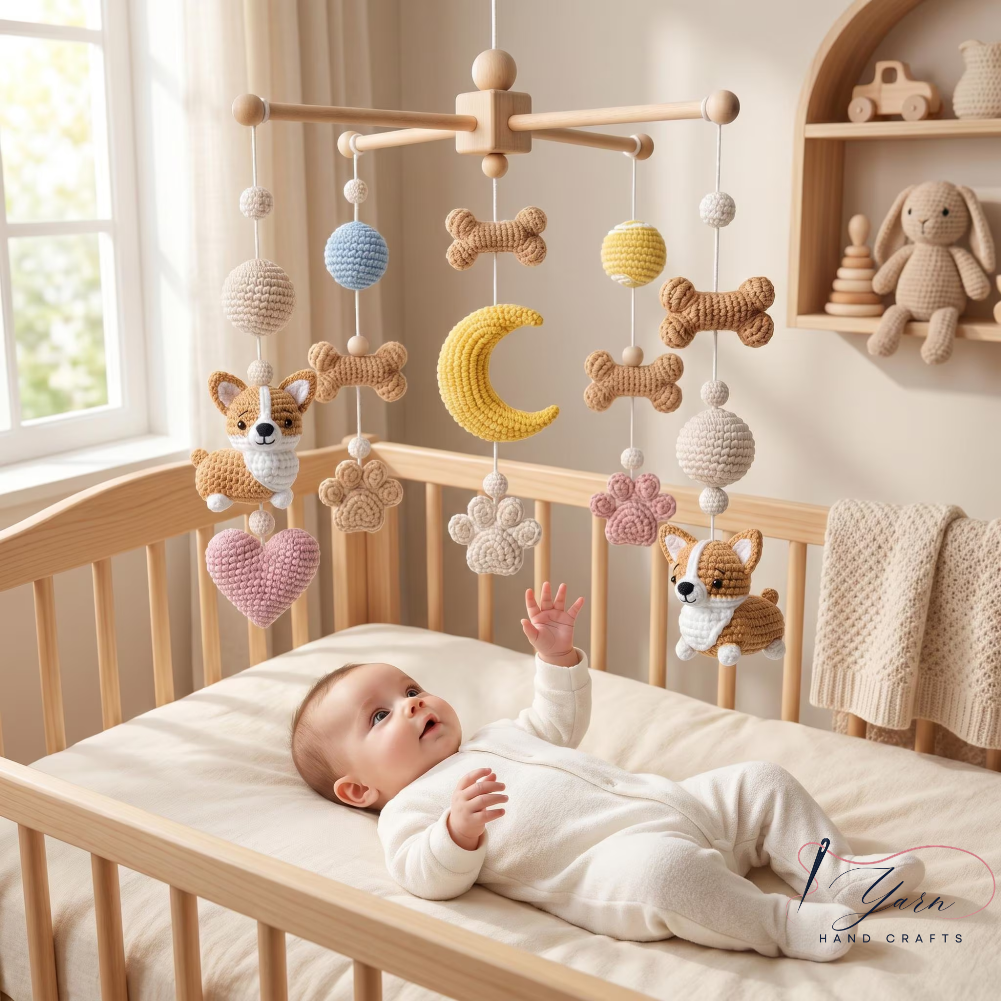 Corgi Baby Mobile, Crochet Dog Crib Mobile with Bones, Paw Prints and Moon, Puppy Nursery Decor, Baby Shower Gift