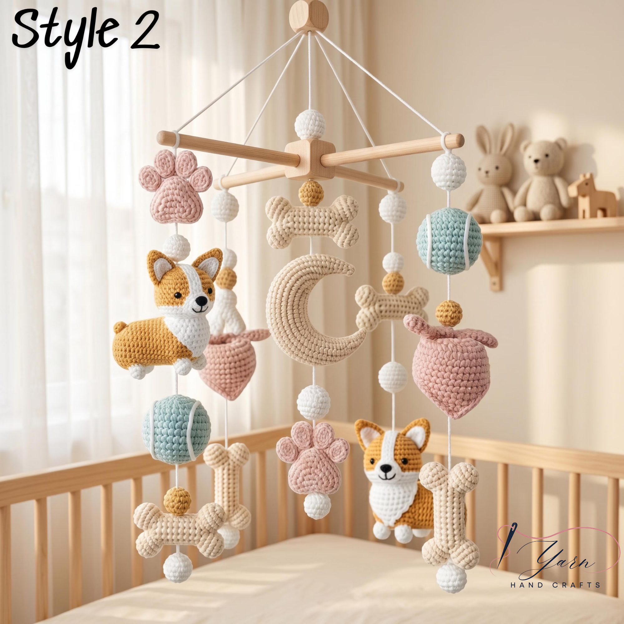 Corgi Baby Mobile, Crochet Dog Crib Mobile with Bones, Paw Prints and Moon, Puppy Nursery Decor, Baby Shower Gift