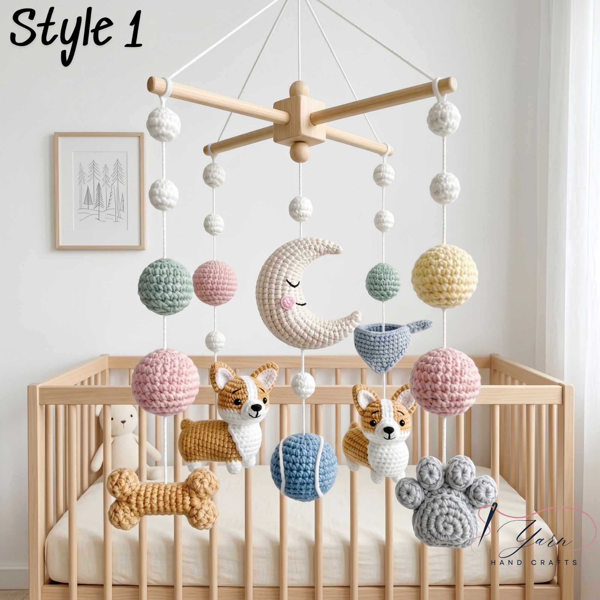 Corgi Baby Mobile, Crochet Dog Crib Mobile with Bones, Paw Prints and Moon, Puppy Nursery Decor, Baby Shower Gift