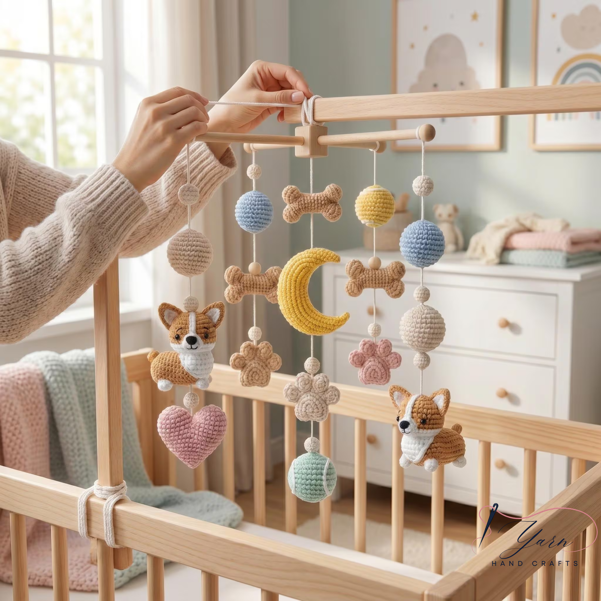 Corgi Baby Mobile, Crochet Dog Crib Mobile with Bones, Paw Prints and Moon, Puppy Nursery Decor, Baby Shower Gift
