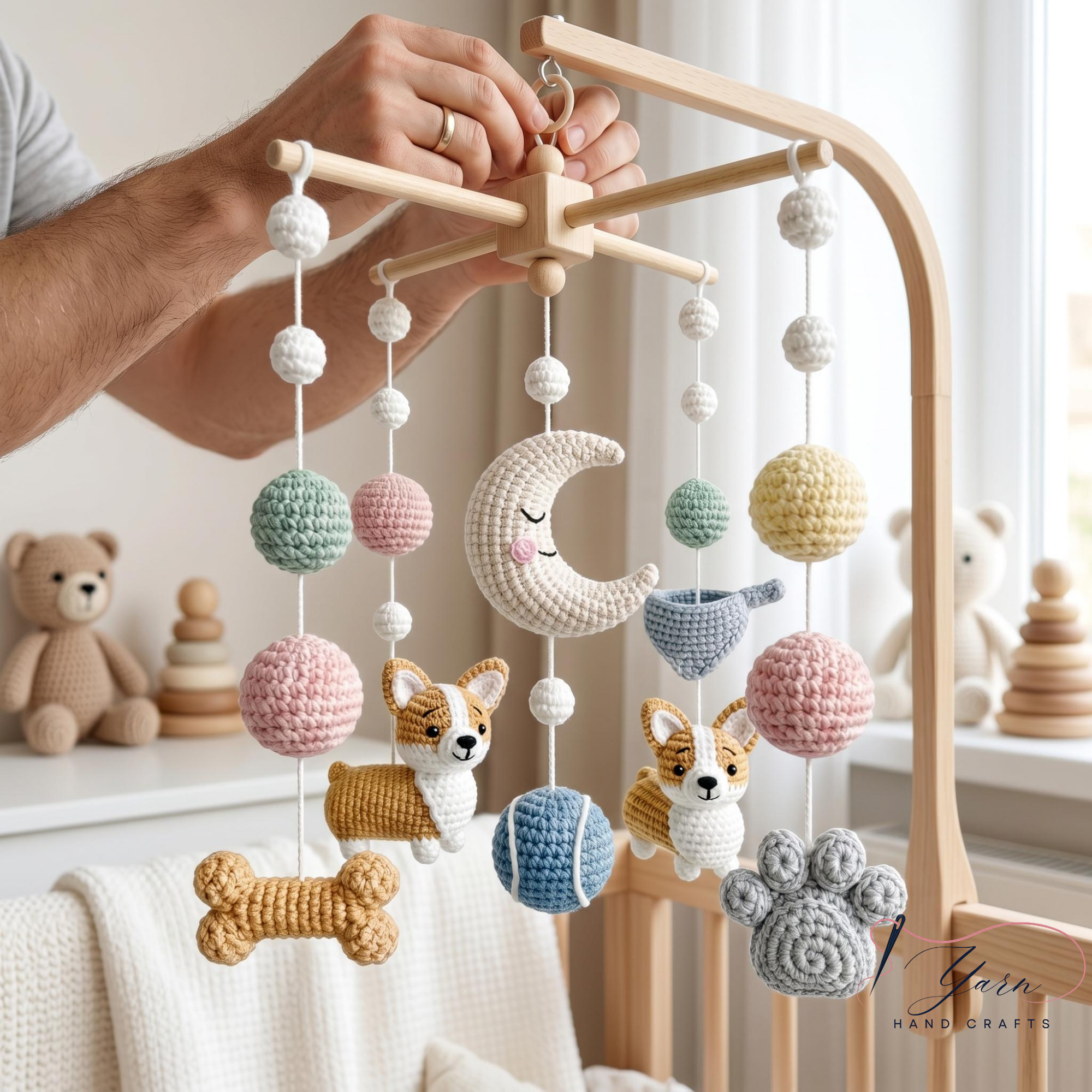 Corgi Baby Mobile, Crochet Dog Crib Mobile with Bones, Paw Prints and Moon, Puppy Nursery Decor, Baby Shower Gift
