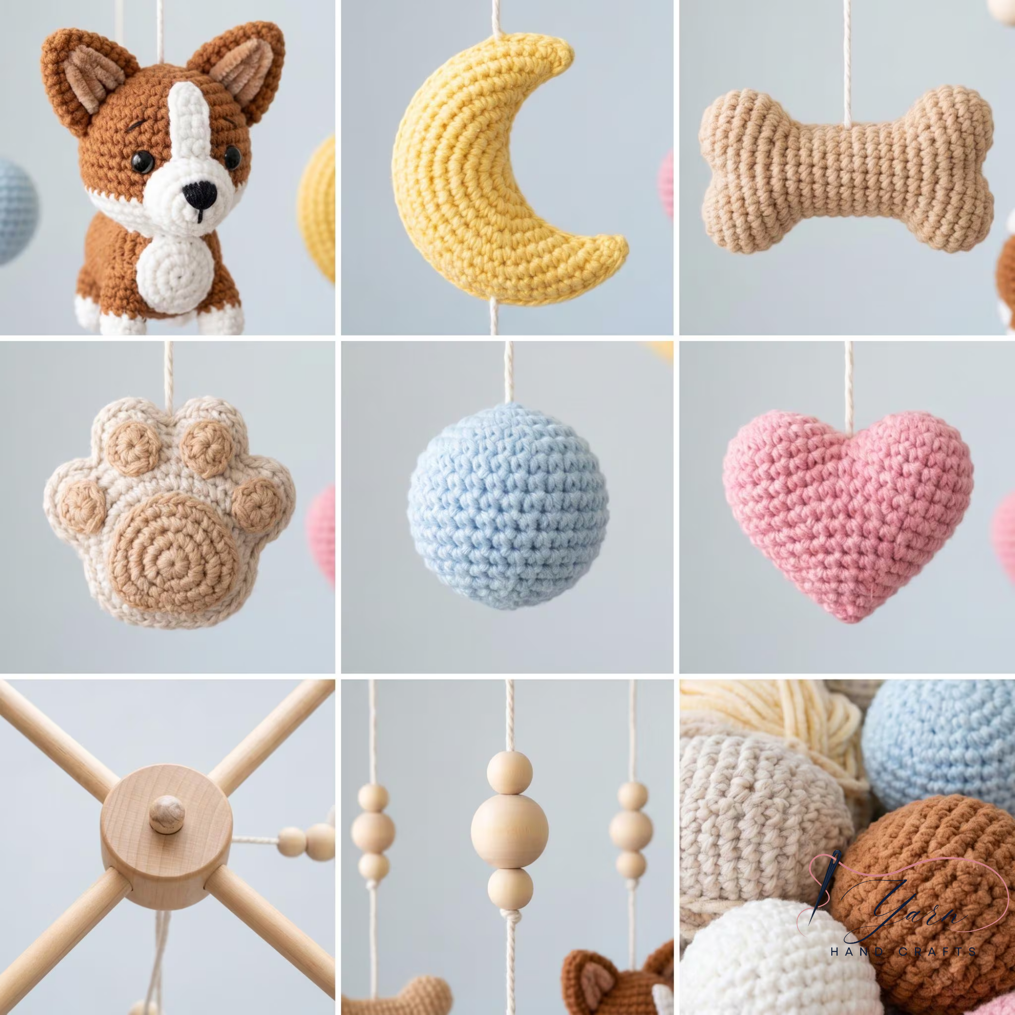 Corgi Baby Mobile, Crochet Dog Crib Mobile with Bones, Paw Prints and Moon, Puppy Nursery Decor, Baby Shower Gift