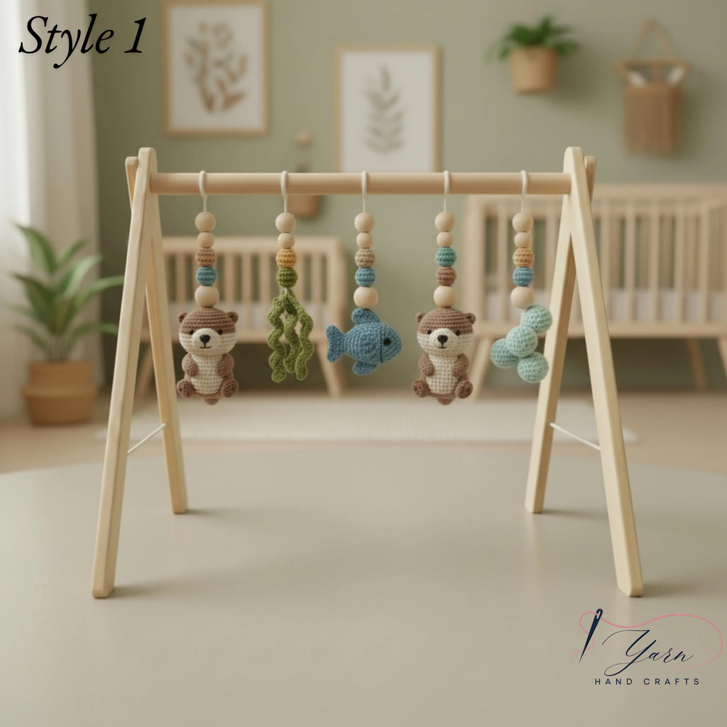 Wooden Baby Play Gym with Crochet Toys, Montessori Activity Gym, Nursery Decor, Baby Shower Gift, Handmade Infant Play Gym
