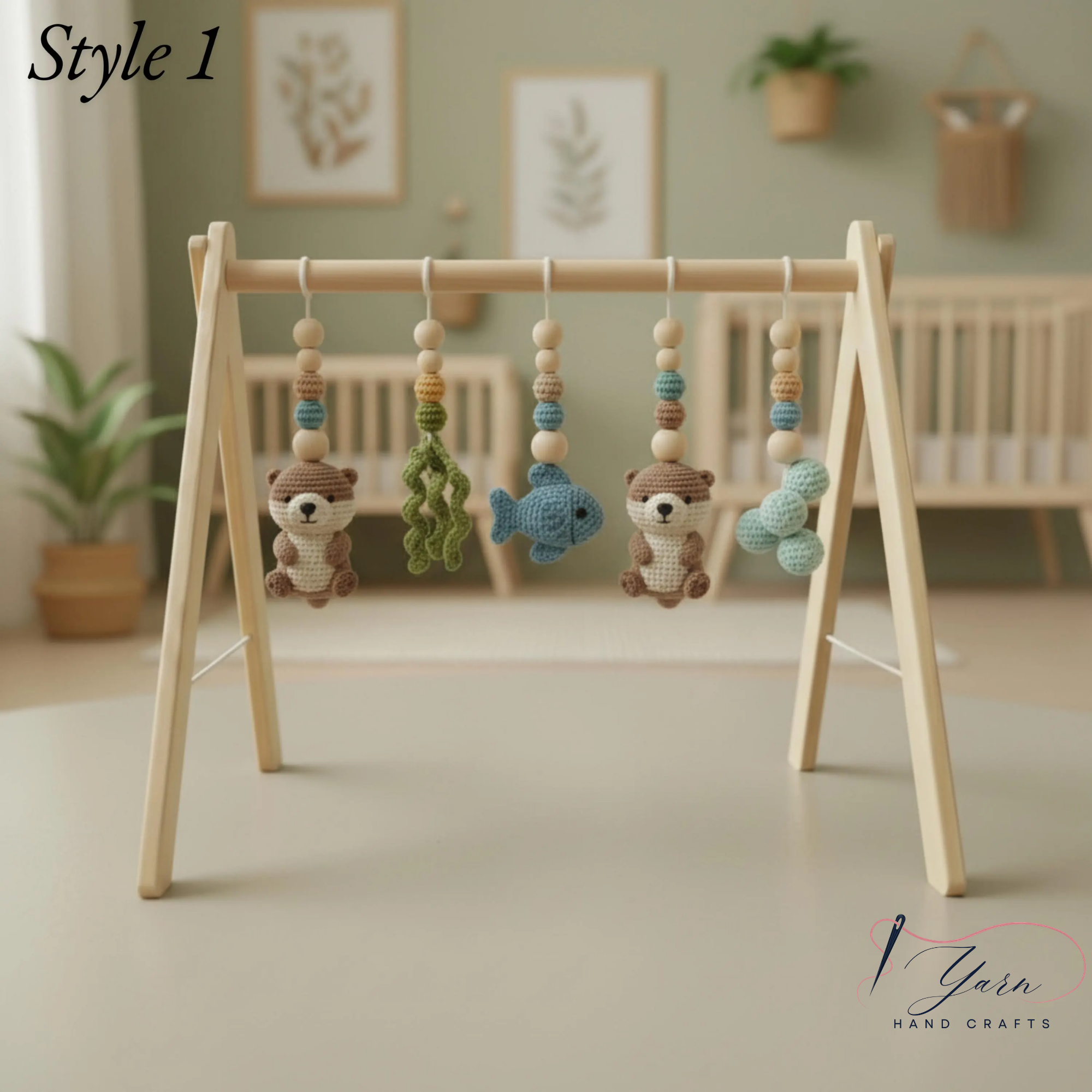 Wooden Baby Play Gym with Crochet Toys, Montessori Activity Gym, Nursery Decor, Baby Shower Gift, Handmade Infant Play Gym