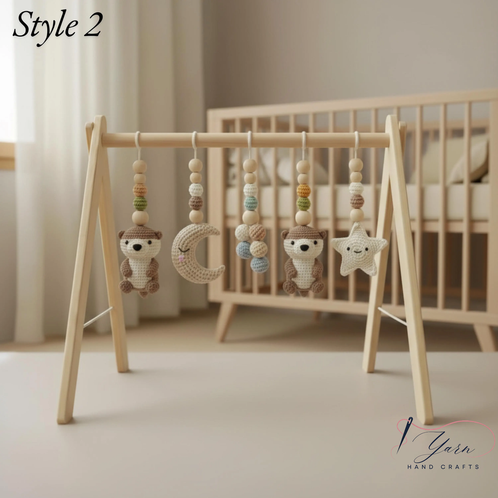 Wooden Baby Play Gym with Crochet Toys, Montessori Activity Gym, Nursery Decor, Baby Shower Gift, Handmade Infant Play Gym