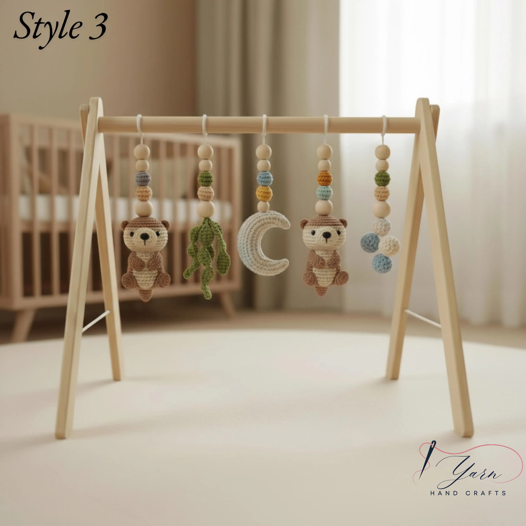 Wooden Baby Play Gym with Crochet Toys, Montessori Activity Gym, Nursery Decor, Baby Shower Gift, Handmade Infant Play Gym